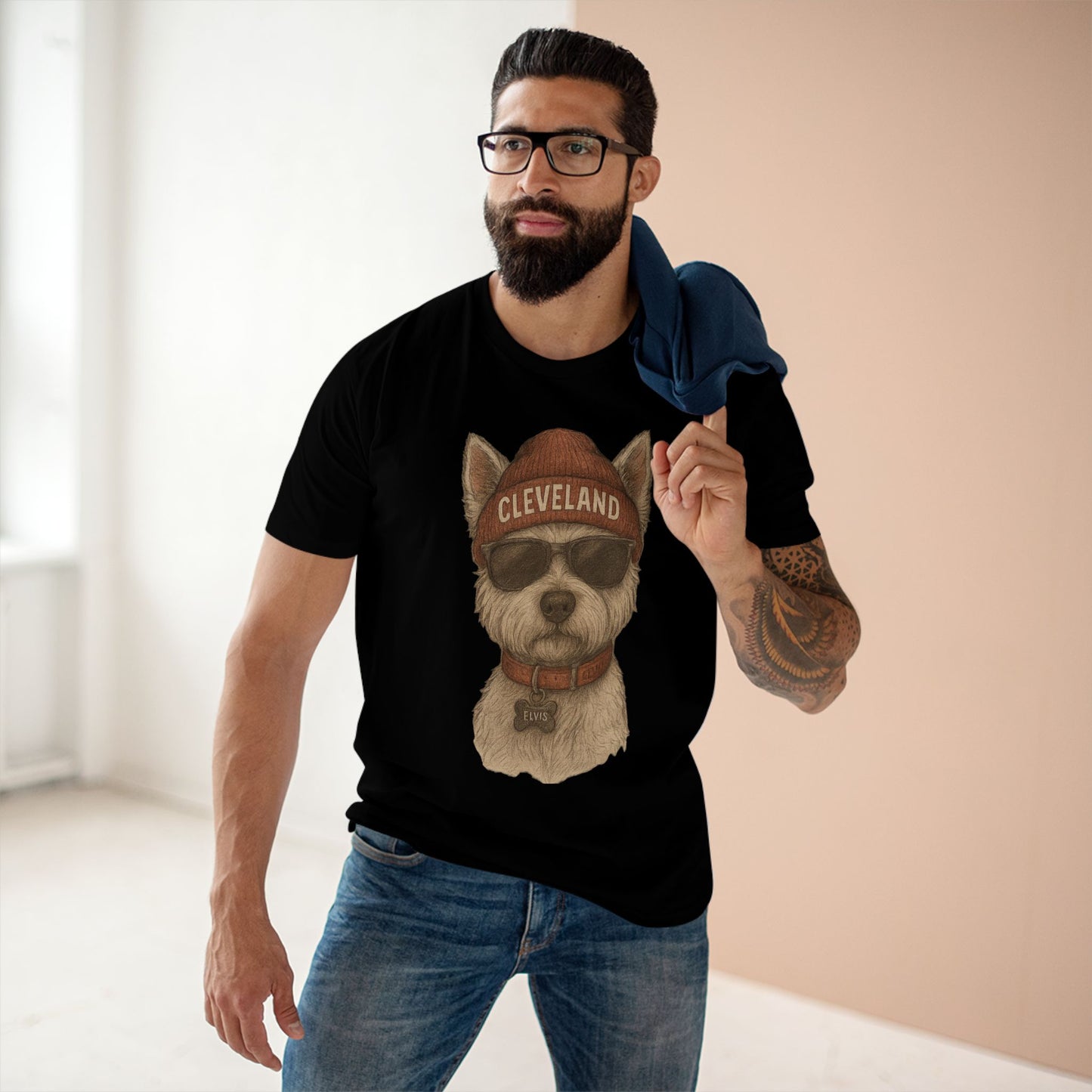 T-Shirt with Elvis the Westie in Cleveland Beanie Design