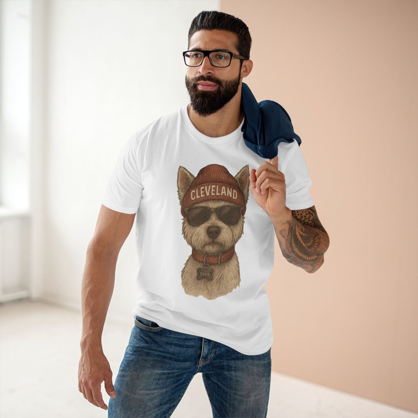 T-Shirt with Elvis the Westie in Cleveland Beanie Design