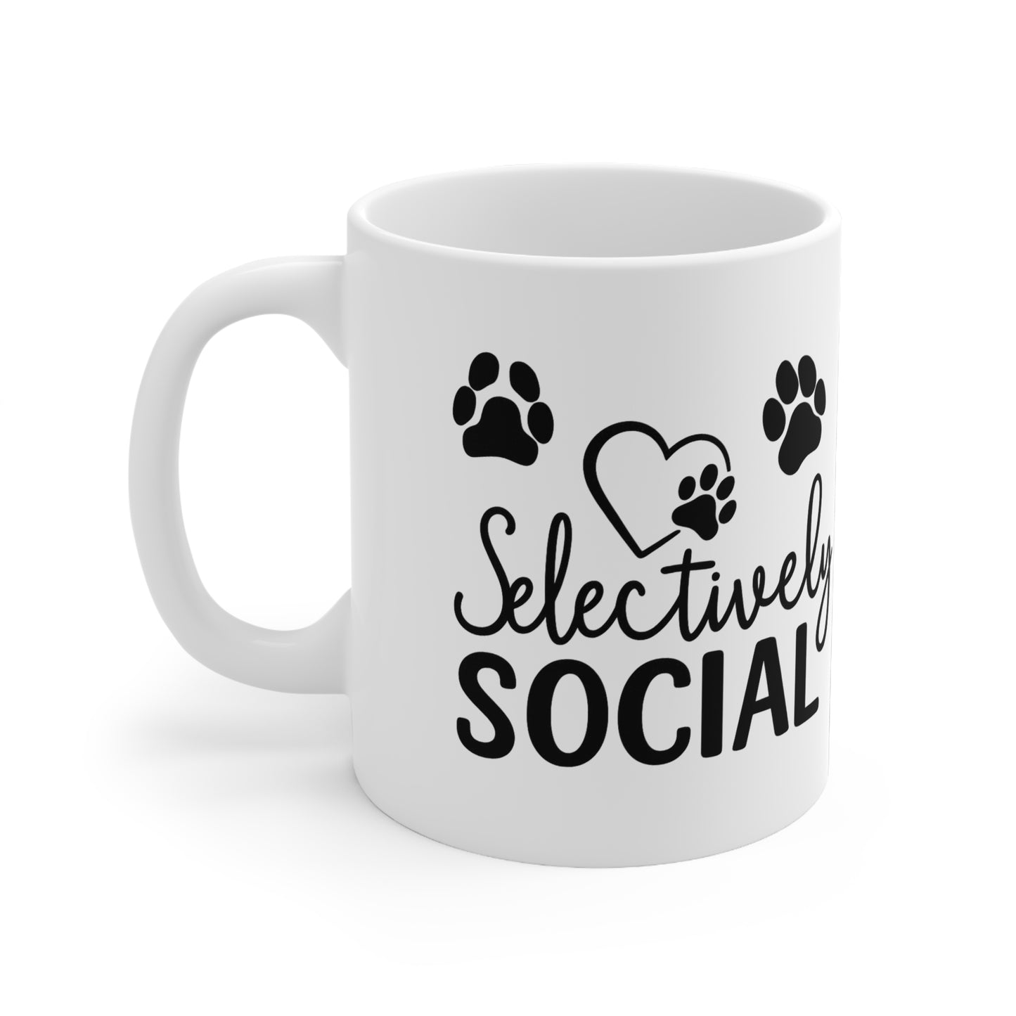 Mug - Selectively Social with Heart and Paw Prints White Ceramic 11oz