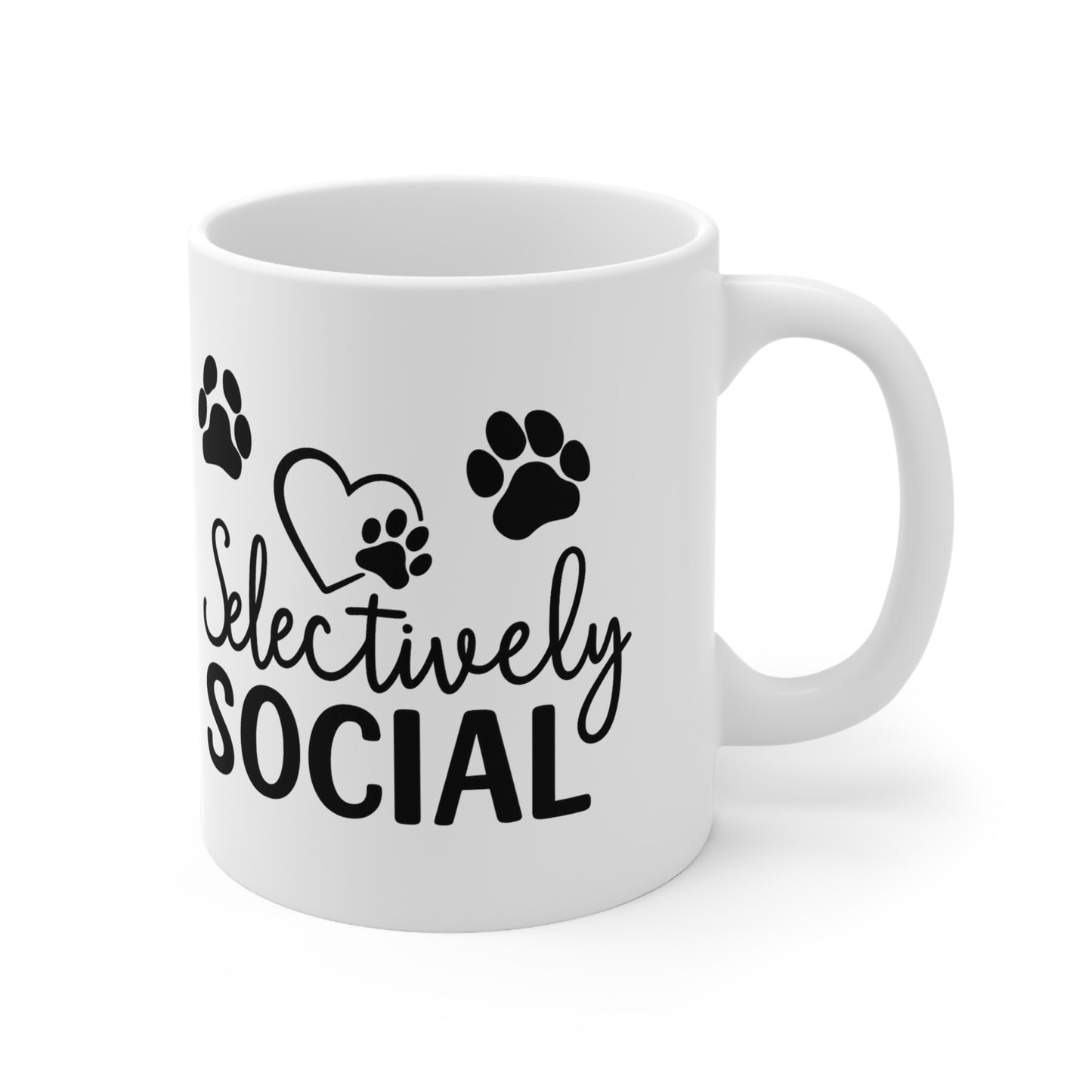 Mug - Selectively Social with Heart and Paw Prints White Ceramic 11oz