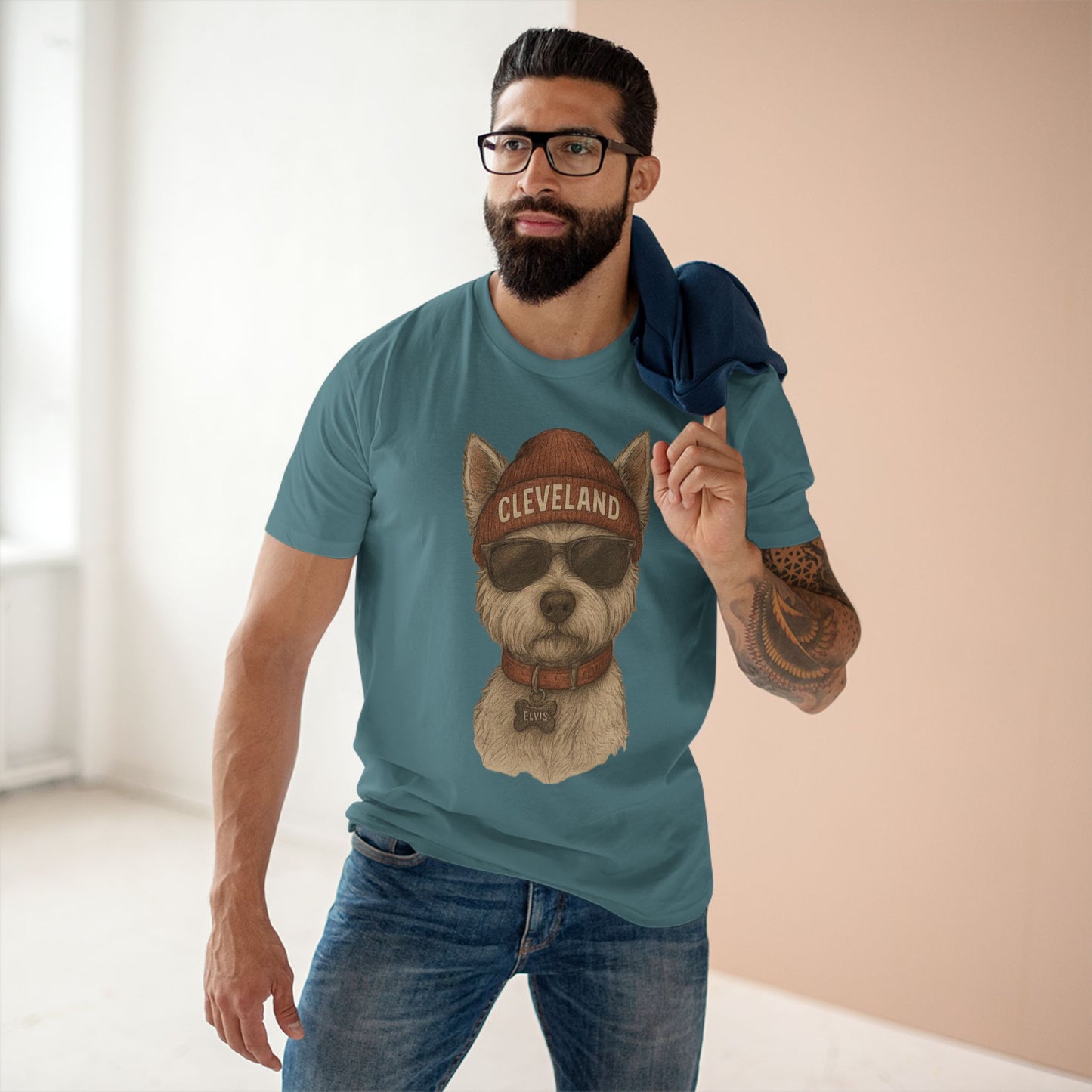 T-Shirt with Elvis the Westie in Cleveland Beanie Design