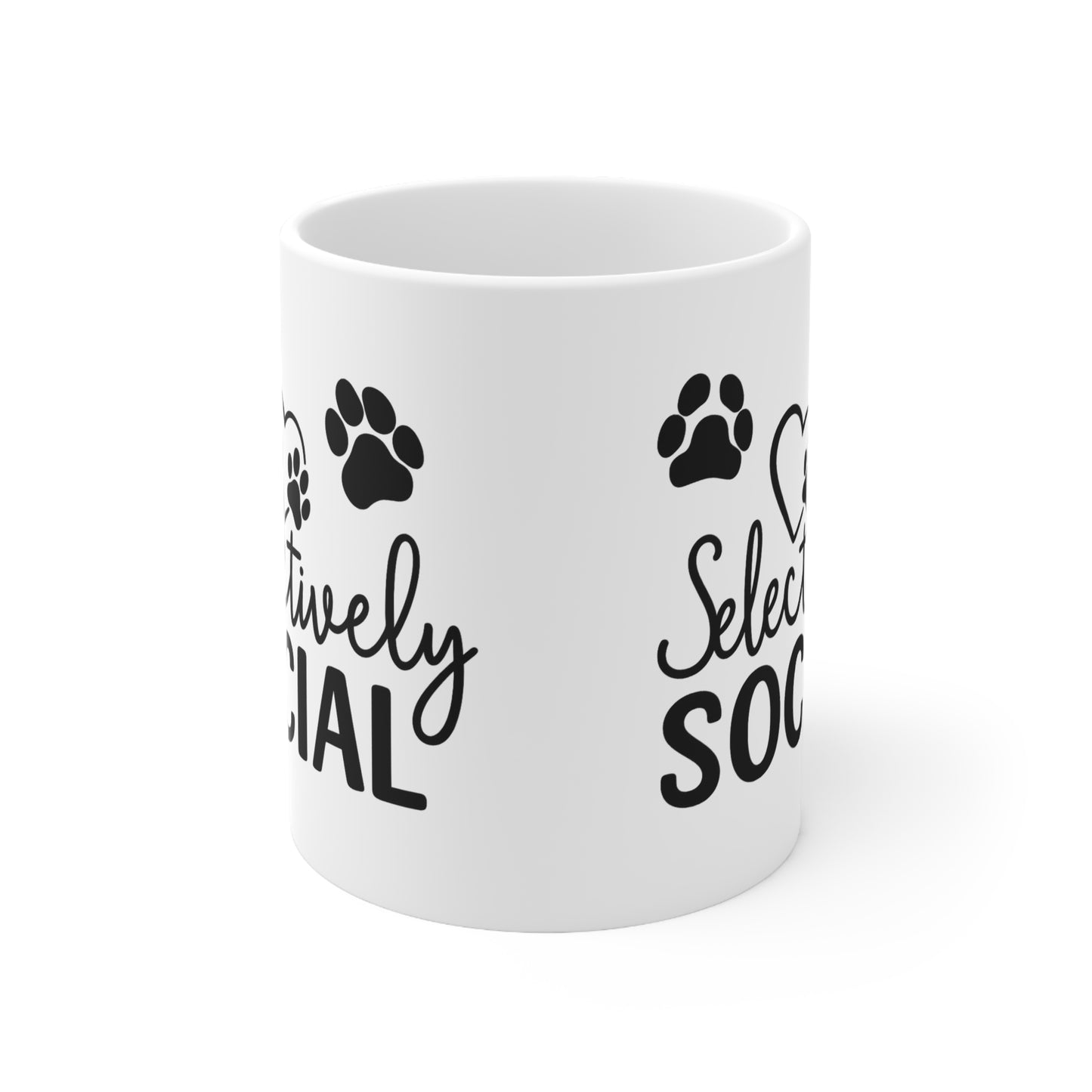 Mug - Selectively Social with Heart and Paw Prints White Ceramic 11oz