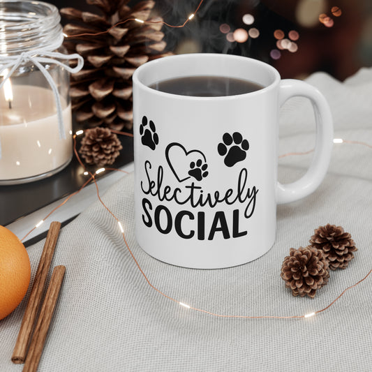 Mug - Selectively Social with Heart and Paw Prints White Ceramic 11oz