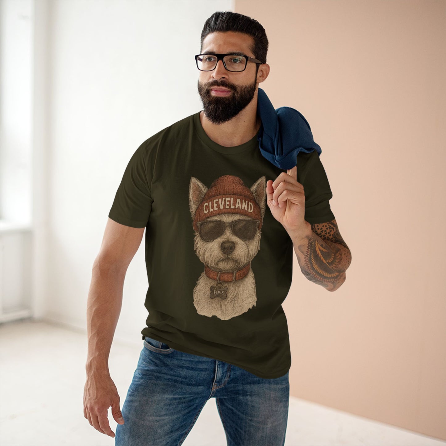 T-Shirt with Elvis the Westie in Cleveland Beanie Design